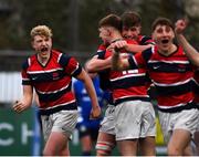 17 February 2022; Sean Foulds of Wesley College celebrates his side's fourth try during the Bank of Ireland Leinster Rugby Schools Senior Cup 1st Round match between Cistercian College, Roscrea and Wesley College at Energia Park in Dublin. Photo by David Fitzgerald/Sportsfile