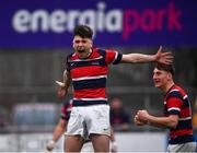 17 February 2022; Kameron Moran of Wesley College celebrates his side's fourth try during the Bank of Ireland Leinster Rugby Schools Senior Cup 1st Round match between Cistercian College, Roscrea and Wesley College at Energia Park in Dublin. Photo by David Fitzgerald/Sportsfile