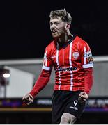 18 February 2022; Jamie McGonigle of Derry City celebrates his side's first goal, scored by teammate Joe Thomson, during the SSE Airtricity League Premier Division match between Dundalk and Derry City at Oriel Park in Dundalk, Louth. Photo by Ben McShane/Sportsfile