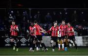 18 February 2022; Jamie McGonigle of Derry City, third from right, celebrates with his teammates after scoring his side's second goal during the SSE Airtricity League Premier Division match between Dundalk and Derry City at Oriel Park in Dundalk, Louth. Photo by Ben McShane/Sportsfile