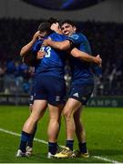 19 February 2022; James Lowe of Leinster, hidden, celebrates with teammates after scoring their side's thrid try during the United Rugby Championship match between Leinster and Ospreys at RDS Arena in Dublin. Photo by David Fitzgerald/Sportsfile