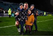 19 February 2022; Seán Cronin of Leinster poses for a picture after his 200th Leinster cap with his children Finn, Cillian and Saoirse after the United Rugby Championship match between Leinster and Ospreys at RDS Arena in Dublin. Photo by Harry Murphy/Sportsfile