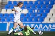 22 February 2022; Kyra Carusa of Republic of Ireland in action against Olivia Clarke of Wales during the Pinatar Cup Third Place Play-off match between Wales and Republic of Ireland at La Manga in Murcia, Spain. Photo by Silvestre Szpylma/Sportsfile