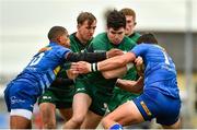 26 February 2022; Alex Wootton of Connacht is tackled by Manie Libbok and Ruhan Nel of DHL Stormers during the United Rugby Championship match between Connacht and DHL Stormers at The Sportsground in Galway. Photo by Diarmuid Greene/Sportsfile