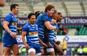 26 February 2022; Manie Libbok of DHL Stormers, second right, celebrates with team-mates after scoring his side's third try during the United Rugby Championship match between Connacht and DHL Stormers at The Sportsground in Galway. Photo by Diarmuid Greene/Sportsfile