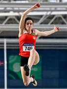 27 February 2022; Abby Tate of City of Lisburn AC, Down, competing in the senior women's long jump during day two of the Irish Life Health National Senior Indoor Athletics Championships at the National Indoor Arena at the Sport Ireland Campus in Dublin. Photo by Sam Barnes/Sportsfile