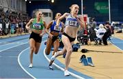 27 February 2022; Georgie Hartigan of Dundrum South Dublin AC, on her way winning the senior women's 1500m during day two of the Irish Life Health National Senior Indoor Athletics Championships at the National Indoor Arena at the Sport Ireland Campus in Dublin. Photo by Sam Barnes/Sportsfile