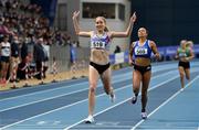 27 February 2022; Georgie Hartigan of Dundrum South Dublin AC, celebrates winning the senior women's 1500m during day two of the Irish Life Health National Senior Indoor Athletics Championships at the National Indoor Arena at the Sport Ireland Campus in Dublin. Photo by Sam Barnes/Sportsfile