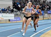 27 February 2022; Georgie Hartigan of Dundrum South Dublin AC, on her way winning the senior women's 1500m during day two of the Irish Life Health National Senior Indoor Athletics Championships at the National Indoor Arena at the Sport Ireland Campus in Dublin. Photo by Sam Barnes/Sportsfile