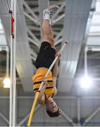 27 February 2022; Conor Callinan of Leevale AC, Cork, competing in the senior men's Pole Vault  of during day two of the Irish Life Health National Senior Indoor Athletics Championships at the National Indoor Arena at the Sport Ireland Campus in Dublin. Photo by Sam Barnes/Sportsfile