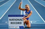 27 February 2022; Molly Scott of St Laurence O'Toole AC, Carlow, celebrates winning the senior women's 60m final in a national record time of 7.19, after the final had to be re-run  during day two of the Irish Life Health National Senior Indoor Athletics Championships at the National Indoor Arena at the Sport Ireland Campus in Dublin. Photo by Sam Barnes/Sportsfile