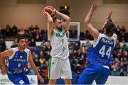 27 February 2022; Sean Flood of Ireland in action against Stefanos Iliadis, left, an dIakovos Panteli of Cyprus during the FIBA EuroBasket 2025 Pre-Qualifiers First Round Group A match between Ireland and Cyprus at the National Basketball Arena in Tallaght, Dublin. Photo by Brendan Moran/Sportsfile