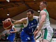 27 February 2022; Kyprianos Ioannis Maragkos of Cyprus in action against John Carroll of Ireland during the FIBA EuroBasket 2025 Pre-Qualifiers First Round Group A match between Ireland and Cyprus at the National Basketball Arena in Tallaght, Dublin. Photo by Brendan Moran/Sportsfile