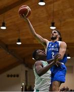 27 February 2022; Zayd Muosa of Cyprus in action against Taiwo Badmus of Ireland during the FIBA EuroBasket 2025 Pre-Qualifiers First Round Group A match between Ireland and Cyprus at the National Basketball Arena in Tallaght, Dublin. Photo by Brendan Moran/Sportsfile