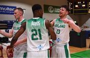 27 February 2022; Ireland players Taiwo Badmus and Jordan Blount celebrate after the FIBA EuroBasket 2025 Pre-Qualifiers First Round Group A match between Ireland and Cyprus at the National Basketball Arena in Tallaght, Dublin. Photo by Brendan Moran/Sportsfile