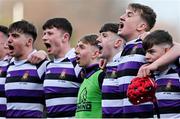 28 February 2022; Michael Candon of Terenure College, second from right, and his teammates celebrate after the Bank of Ireland Leinster Rugby Schools Junior Cup 1st Round match between Terenure College, Dublin, and Gonzaga College, Dublin, at Energia Park in Dublin. Photo by Brendan Moran/Sportsfile