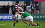 28 February 2022; Ben Blaney of Terenure College is tackled by Jamie Sheil of Gonzaga College during the Bank of Ireland Leinster Rugby Schools Junior Cup 1st Round match between Terenure College, Dublin, and Gonzaga College, Dublin, at Energia Park in Dublin. Photo by Brendan Moran/Sportsfile