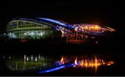 28 February 2022; A general view outside of the Aviva Stadium, in Dublin, which is illuminated in blue and yellow as a show of solidarity with the people of Ukraine. Russia launched a full-scale military invasion into Ukraine territory on February 24, 2022. Photo by David Fitzgerald/Sportsfile