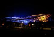 28 February 2022; A general view outside of the Aviva Stadium, in Dublin, which is illuminated in blue and yellow as a show of solidarity with the people of Ukraine. Russia launched a full-scale military invasion into Ukraine territory on February 24, 2022. Photo by David Fitzgerald/Sportsfile