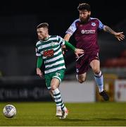 28 February 2022; Jack Byrne of Shamrock Rovers gets past Gary Deegan of Drogheda United during the SSE Airtricity League Premier Division match between Shamrock Rovers and Drogheda United at Tallaght Stadium in Dublin. Photo by Piaras Ó Mídheach/Sportsfile