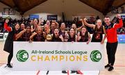 1 March 2022; The Piper's Hill team celebrate with the cup after the Basketball Ireland U19C Girls Schools League Final match between Piper's Hill Naas, Kildare and St. Finians Swords, Dublin at the National Basketball Arena in Dublin. Photo by Brendan Moran/Sportsfile