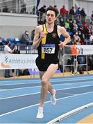 26 February 2022; Thomas Moran of Dunshaughlin AC, Meath, competing in the senior men's 3000m during day one of the Irish Life Health National Senior Indoor Athletics Championships at the National Indoor Arena at the Sport Ireland Campus in Dublin. Photo by Sam Barnes/Sportsfile