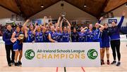 1 March 2022; The Intermediate School Killorglin team celebrate with the cup after the Basketball Ireland U16B Girls Schools League Final match between Gaelcholáiste Tralee, Kerry and Intermediate School Killorglin, Kerry at the National Basketball Arena in Dublin. Photo by Brendan Moran/Sportsfile