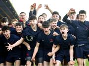 1 March 2022; Wesley College players celebrate after the Bank of Ireland Leinster Rugby Schools Junior Cup 1st Round match between Belvedere College, Dublin, and Wesley College, Dublin, at Energia Park in Dublin. Photo by David Fitzgerald/Sportsfile