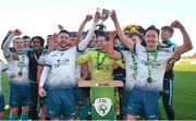 1 March 2022; TU Dublin joint-captains Dan McKenna, left, and Eoin McPhillips lift the cup after the CUFL Men's Premier Division Final match between TU Dublin and University of Limerick at Athlone Town Stadium in Athlone, Westmeath. Photo by Ramsey Cardy/Sportsfile