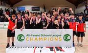 2 March 2022; St Michael's College Listowel celebrate with the cup after their side's victory in the Basketball Ireland U16C Boys Schools League Final match between Kishoge Community College, Dublin, and St Michael's College Listowel, Kerry, at the National Basketball Arena in Dublin. Photo by Seb Daly/Sportsfile