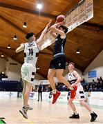 2 March 2022; Jacob Byrne of Rathmore in action against Naoise Quinn of Skibbereen during the Basketball Ireland U16B Boys Schools League Final match between Skibbereen Community School, Cork, and Rathmore Grammar School, Belfast, at the National Basketball Arena in Dublin. Photo by Seb Daly/Sportsfile