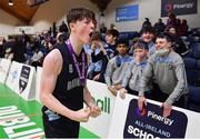 2 March 2022; Conn Rush of Rathmore celebrates after his side's victory in the Basketball Ireland U16B Boys Schools League Final match between Skibbereen Community School, Cork, and Rathmore Grammar School, Belfast, at the National Basketball Arena in Dublin. Photo by Seb Daly/Sportsfile