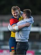 4 March 2022; Simon Cantwell of St Fintan’s High School celebrates with his brother Reuben after the Bank of Ireland Leinster Rugby Schools Junior Cup 1st Round match between St Fintans High School, Dublin and St Marys College, Dublin at Energia Park in Dublin. Photo by Daire Brennan/Sportsfile