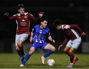 4 March 2022; Joel Coustrain of Treaty United in action against Jack Larkin, left, and Issa Kargbo of Cobh Ramblers during the SSE Airtricity League First Division match between Cobh Ramblers and Treaty United at St Colman's Park in Cobh, Cork. Photo by Michael P Ryan/Sportsfile