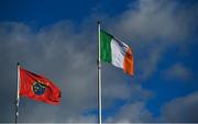 5 March 2022; A Munster flag and an Irish tricolour fly in the wind over the stadium the United Rugby Championship match between Munster and Dragons at Thomond Park in Limerick. Photo by Brendan Moran/Sportsfile