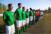 1 August 2013; Players from both sides stand during the playing of the National Anthems. 2013 CPISRA Intercontinental Cup, Group B, Ireland v England, Stadium ZEM Jaume Tubau, Sant Cugat del Valles, Barcelona, Spain. Picture credit: Juan Manuel Baliellas / SPORTSFILE