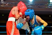 2 August 2013; Dominic Bradley, right, Ireland, exchanges punches with Pavel Riasnyi, Russia, during their 41.5kg bout. 2013 EUBC European Schoolboys Boxing Championships Semi-Finals, Citywest Hotel, Saggart, Co. Dublin. Picture credit: Barry Cregg / SPORTSFILE