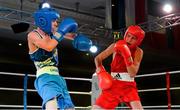 2 August 2013; Dominic Bradley, left, Ireland, exchanges punches with Pavel Riasnyi, Russia, during their 41.5kg bout. 2013 EUBC European Schoolboys Boxing Championships Semi-Finals, Citywest Hotel, Saggart, Co. Dublin. Picture credit: Barry Cregg / SPORTSFILE