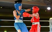 2 August 2013; Sean Whelan, left, Ireland, exchanges punches with Dzmitry Herasimau, Belarus, during their 43kg bout. 2013 EUBC European Schoolboys Boxing Championships Semi-Finals, Citywest Hotel, Saggart, Co. Dublin. Picture credit: Barry Cregg / SPORTSFILE