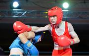2 August 2013; Jamie Harty, right, Ireland, exchanges punches with Oleksandr Kravets, Ukraine, during their 48kg bout. 2013 EUBC European Schoolboys Boxing Championships Semi-Finals, Citywest Hotel, Saggart, Co. Dublin. Picture credit: Barry Cregg / SPORTSFILE