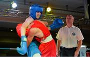 2 August 2013; Jason Harty, left, Ireland, exchanges punches with Artem Lapin, Ukraine, during their 50kg bout. 2013 EUBC European Schoolboys Boxing Championships Semi-Finals, Citywest Hotel, Saggart, Co. Dublin. Picture credit: Barry Cregg / SPORTSFILE