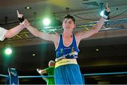 2 August 2013; Jason Harty, Ireland, celebrates as he is declared the winner over Artem Lapin, Ukraine, in their 50kg bout. 2013 EUBC European Schoolboys Boxing Championships Semi-Finals, Citywest Hotel, Saggart, Co. Dublin. Picture credit: Barry Cregg / SPORTSFILE