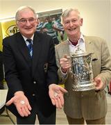 6 March 2022; Former Towns Cup winner with Balbriggan RFC, Hugh Cumisky, right, with Leinster Rugby President John Walsh during the Bank of Ireland Leinster Rugby Provincial Towns Cup Second Round Draw at Balbriggan RFC in Balbriggan, Dublin. Photo by Ramsey Cardy/Sportsfile