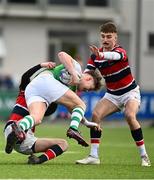 7 March 2022; Jody Browne of Gonzaga College is tackled by Tom Geoghegan of Wesley College during the Bank of Ireland Leinster Rugby Schools Senior Cup 2nd Round match between Gonzaga College and Wesley College at Energia Park in Dublin. Photo by Eóin Noonan/Sportsfile