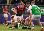 7 March 2022; Tom Geoghegan of Wesley College is tackled by Jody Browne of Gonzaga College during the Bank of Ireland Leinster Rugby Schools Senior Cup 2nd Round match between Gonzaga College and Wesley College at Energia Park in Dublin. Photo by Eóin Noonan/Sportsfile