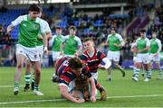 7 March 2022; Oisin Murray of Gonzaga College scores his side's third try during the Bank of Ireland Leinster Rugby Schools Senior Cup 2nd Round match between Gonzaga College and Wesley College at Energia Park in Dublin. Photo by Eóin Noonan/Sportsfile