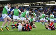 7 March 2022; Oisin Murray of Gonzaga College celebrates after scoring his side's third try during the Bank of Ireland Leinster Rugby Schools Senior Cup 2nd Round match between Gonzaga College and Wesley College at Energia Park in Dublin. Photo by Eóin Noonan/Sportsfile