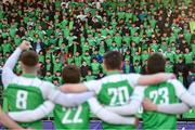 7 March 2022; Gonzaga players celebrate with supporters after the Bank of Ireland Leinster Rugby Schools Senior Cup 2nd Round match between Gonzaga College and Wesley College at Energia Park in Dublin. Photo by Eóin Noonan/Sportsfile