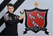 10 March 2022; Steven Bradley of Dundalk with his SSE Airtricity / SWI Player of the Month award for February at Oriel Park in Dundalk, Louth. Photo by Piaras Ó Mídheach/Sportsfile