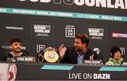 10 March 2022; Michael Conlan, right, with Eddie Hearn, centre, and Leigh Wood during a press conference at Albert Hall in Nottingham, England ahead of their WBA Featherweight World Title bout. Photo by Mark Robinson / Matchroom Boxing via Sportsfile